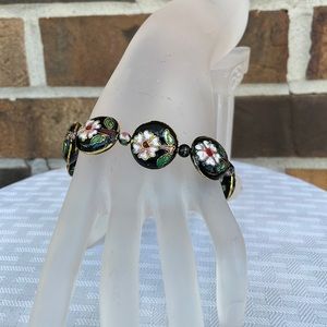 Handmade Round Black Cloisonné Floral Print Bracelet